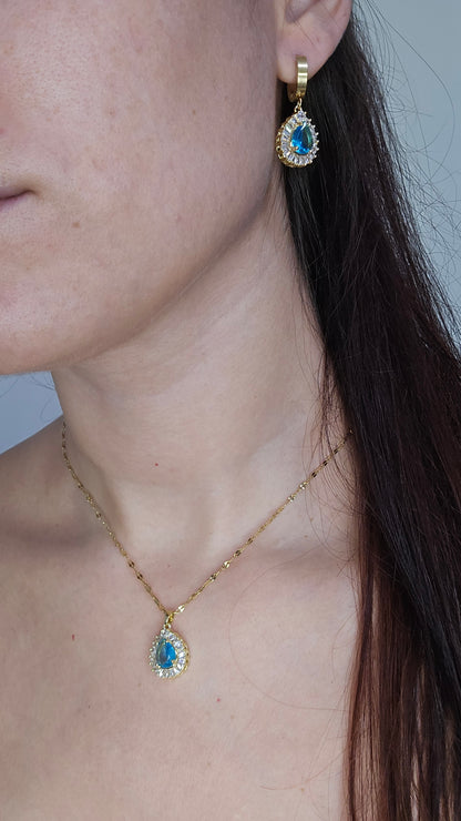 Conjunto dourado gota azul com cristais