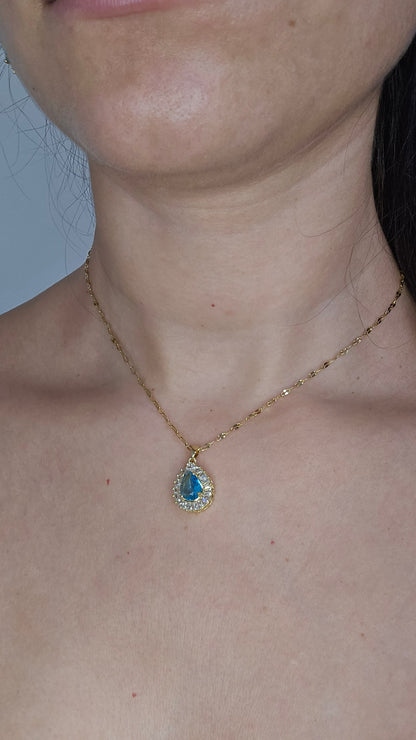 Conjunto dourado gota azul com cristais