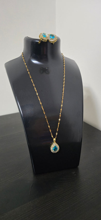 Conjunto dourado gota azul com cristais