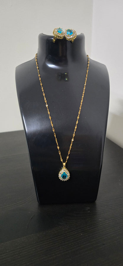 Conjunto dourado gota azul com cristais