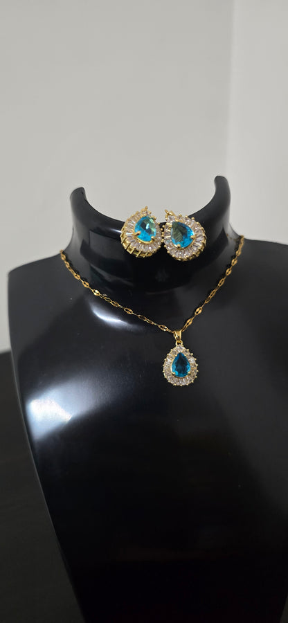Conjunto dourado gota azul com cristais