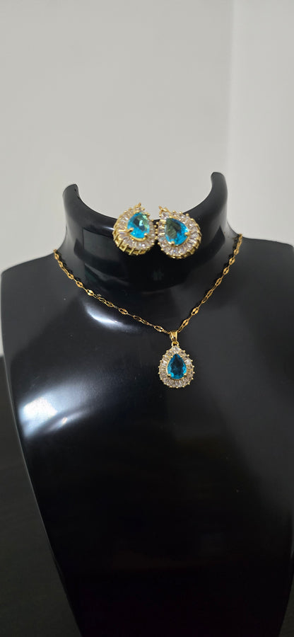 Conjunto dourado gota azul com cristais