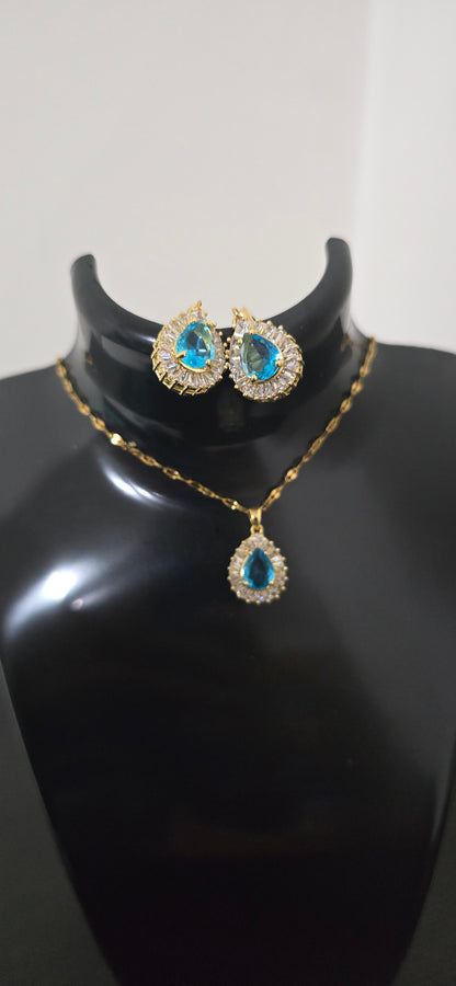 Conjunto dourado gota azul com cristais