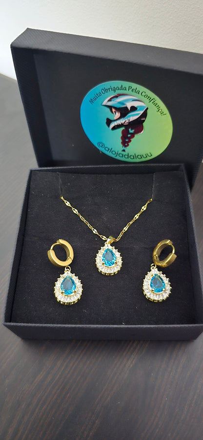 Conjunto dourado gota azul com cristais